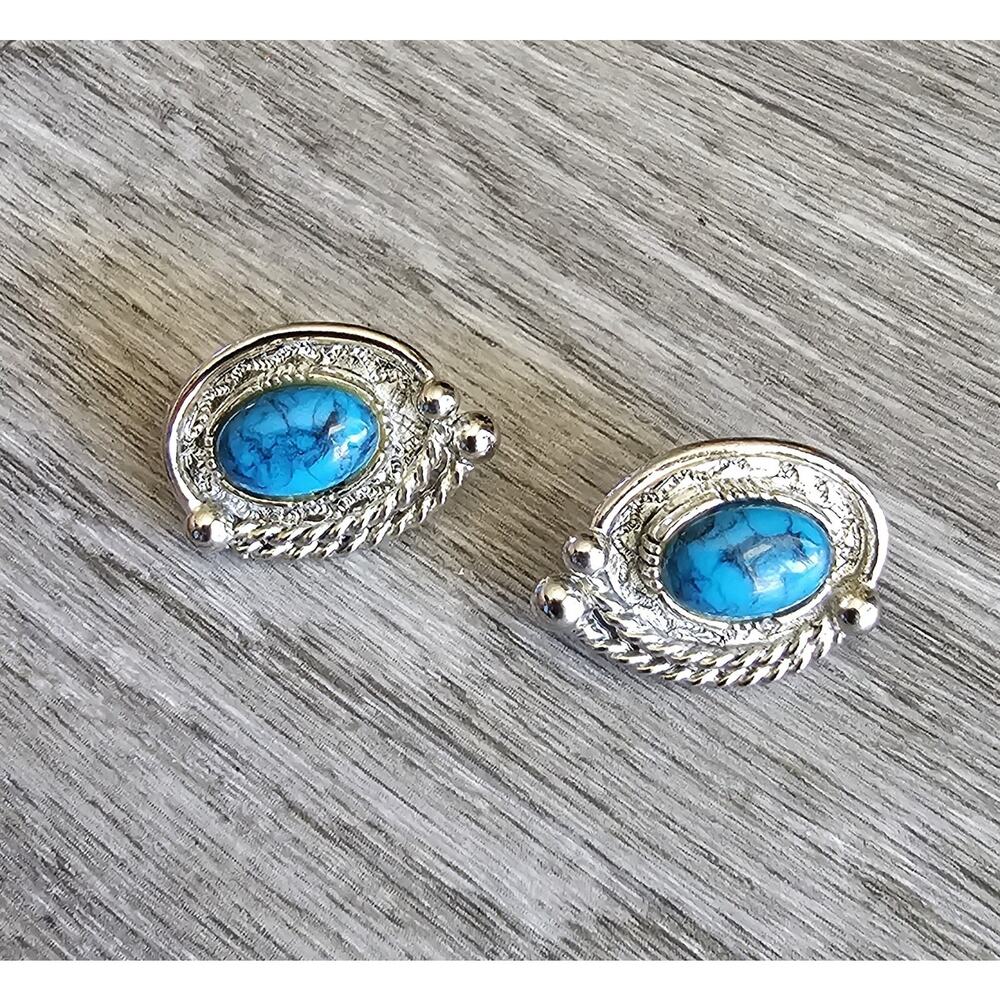 1960s Designer Arthur Pepper Faux Turquoise Stone Clip On Earrings Signed